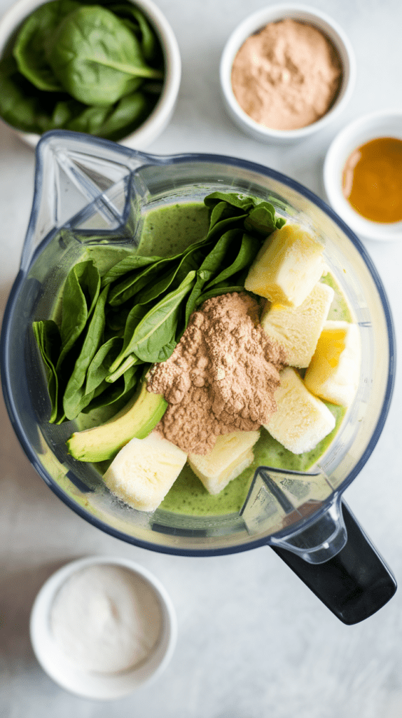 A top-down view of a blender filled with fresh smoothie ingredients, including vibrant spinach leaves, frozen pineapple chunks, sliced avocado, and a scoop of protein powder on top of a green liquid base. Surrounding the blender are small bowls containing extra spinach, protein powder, and a golden liquid, possibly honey. The ingredients suggest a creamy and nutrient-rich smoothie in the making.