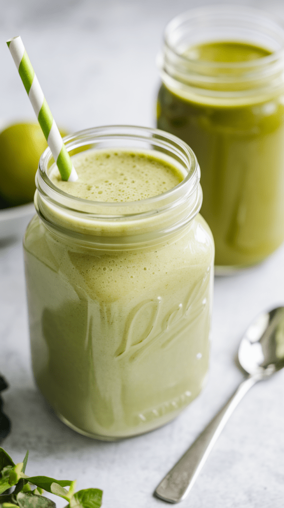 A creamy green smoothie served in a mason jar with a green-and-white striped straw, giving it a fresh and inviting look. Another jar filled with a similar green drink sits slightly out of focus in the background. A silver spoon and fresh green leaves add to the vibrant, healthy aesthetic of the scene.