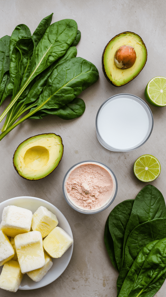 A top-down view of fresh and nutritious smoothie ingredients arranged on a neutral background. The image includes vibrant green spinach leaves, halved avocados, a glass of coconut water or almond milk, lime halves, a small bowl of protein powder, and a plate of frozen pineapple chunks. The fresh ingredients suggest a creamy, nutrient-packed smoothie blend.