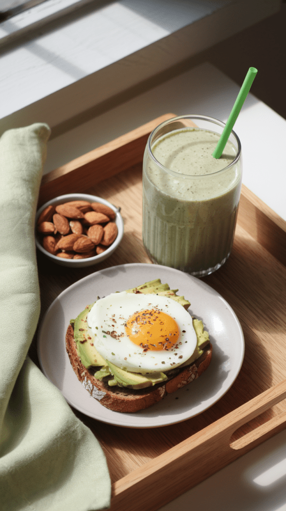 A wooden breakfast tray with a green smoothie in a clear glass, featuring a green straw, alongside a plate of avocado toast topped with a sunny-side-up egg, seasoned with black pepper. A small bowl of almonds adds a nutritious snack option. Soft natural light streams in from a nearby window, highlighting the fresh and wholesome meal.