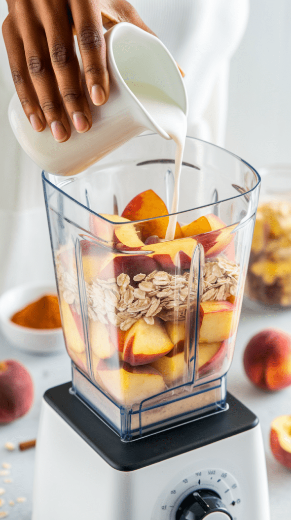 A close-up of a blender filled with fresh peach slices, oats, and other ingredients as milk is poured in to prepare a peach cobbler protein shake. The background features cinnamon, additional peaches, and granola, emphasizing the wholesome and flavorful components. The creamy blend-in-the-making highlights the smoothie’s rich texture and nutritious appeal.