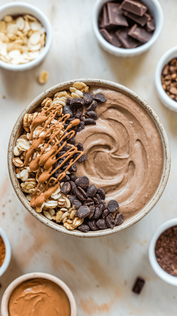 A creamy mocha coffee protein smoothie bowl with a rich chocolatey swirl, topped with granola, sliced almonds, dark chocolate chips, and a drizzle of peanut butter. The toppings are arranged on one side, creating a visually appealing contrast against the smooth base. Surrounding the bowl are small dishes of chocolate chunks, cocoa powder, and peanut butter, adding to the indulgent and nutritious presentation.