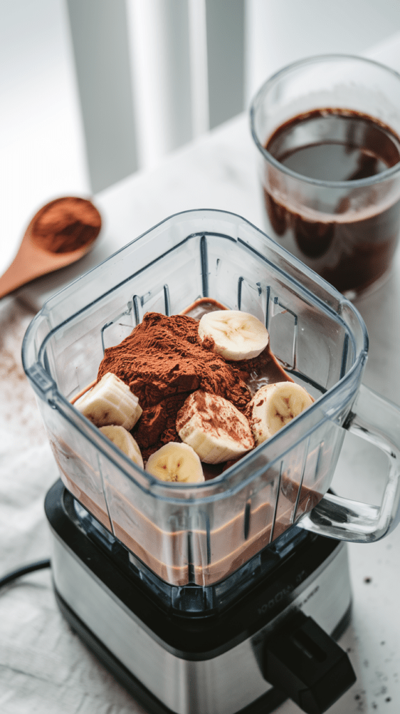 A close-up of a blender filled with ingredients for a mocha coffee protein smoothie, including sliced bananas, cocoa powder, and a liquid base. The blender sits on a countertop, ready to mix, with a glass of brewed coffee and a wooden spoon of cocoa powder in the background. Natural light highlights the rich textures and deep colors of the ingredients.