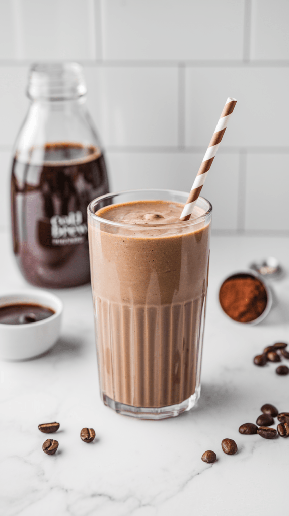 A rich and creamy mocha coffee protein smoothie served in a tall glass with a brown and white striped straw. The smoothie has a velvety texture and a deep chocolate-coffee color. In the background, a glass bottle of cold brew coffee, a scoop of cocoa powder, and scattered coffee beans enhance the visual appeal of this energizing and nutritious drink.