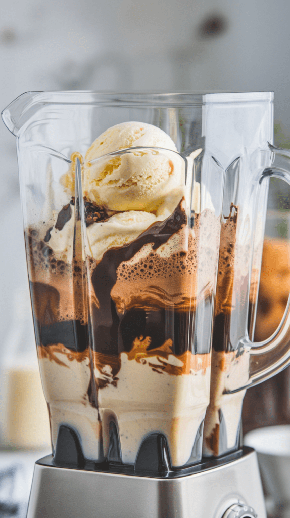 A close-up of a blender filled with ingredients for a mudslide mocktail, including scoops of vanilla ice cream, swirls of rich chocolate syrup, and a creamy liquid base. The layers of chocolate and cream create a visually indulgent mix, ready to be blended into a smooth and decadent drink. The background is softly blurred, emphasizing the rich textures and colors inside the blender.