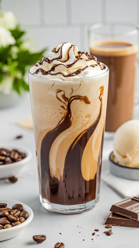 A rich and creamy mudslide mocktail served in a tall glass with dramatic chocolate syrup swirls along the sides. The drink is topped with a generous dollop of whipped cream and a drizzle of chocolate sauce. In the background, a glass of coffee, a scoop of vanilla ice cream, chocolate squares, and coffee beans add to the indulgent and decadent presentation.