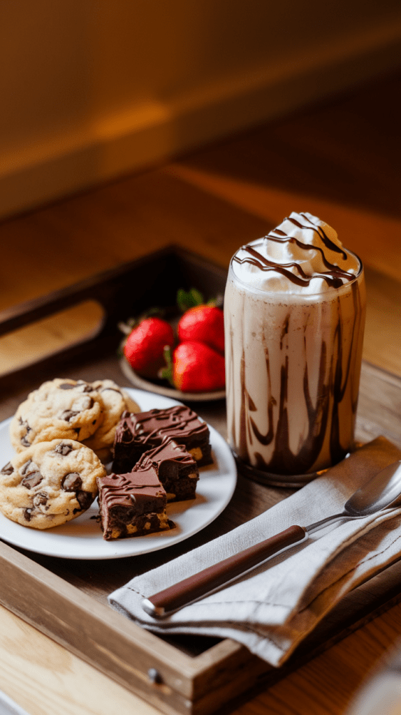 A cozy dessert tray featuring a creamy mudslide mocktail with chocolate syrup swirls, topped with whipped cream and drizzled chocolate. Alongside the drink, a plate holds chocolate chip cookies and rich chocolate-covered brownies, creating an indulgent treat. Fresh strawberries and a neatly folded napkin with a spoon add to the warm and inviting presentation, set on a rustic wooden tray.