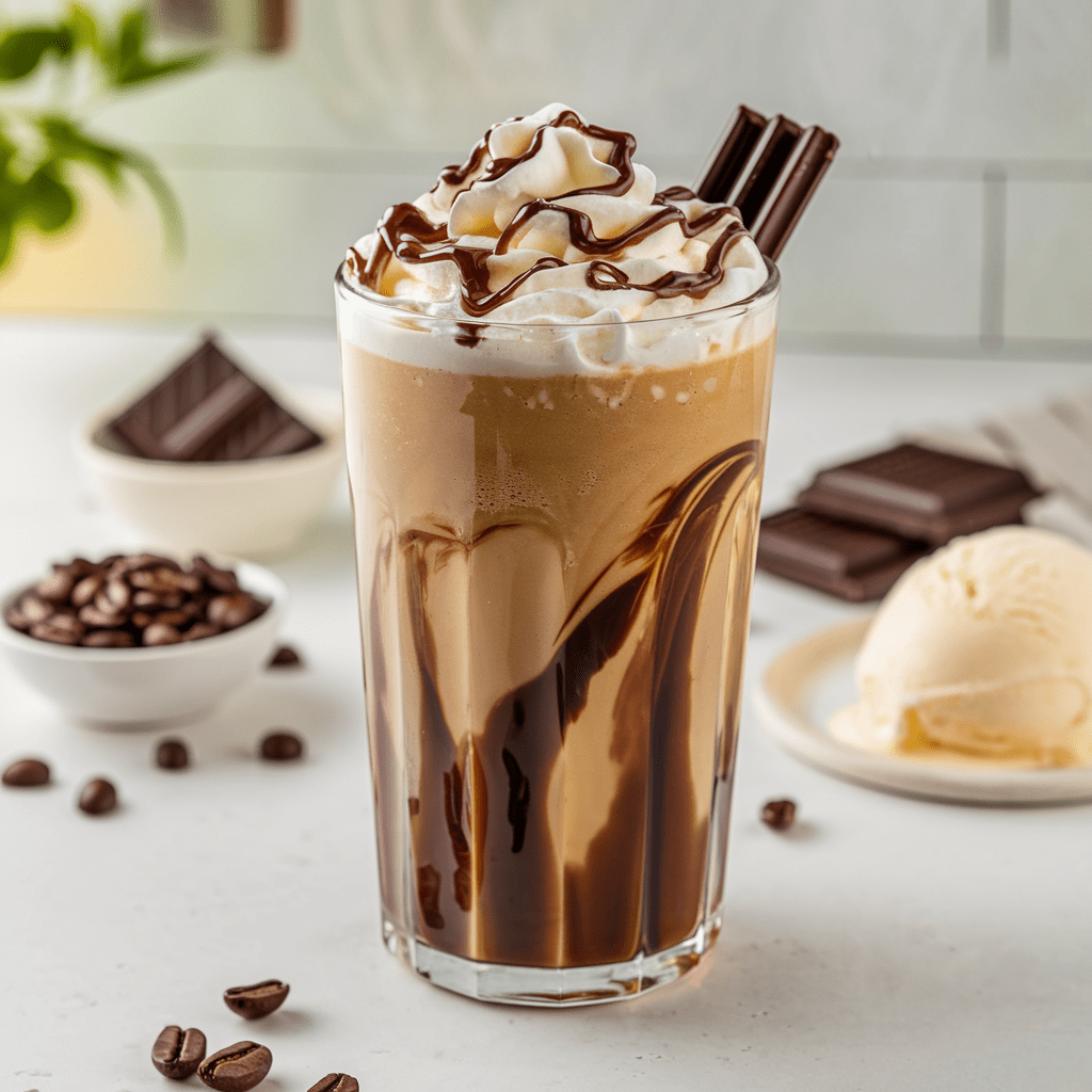 A decadent mudslide mocktail served in a tall glass with rich chocolate syrup swirled along the sides. The creamy blended drink is topped with a generous swirl of whipped cream, drizzled with chocolate sauce, and garnished with chocolate wafer sticks. In the background, bowls of coffee beans, dark chocolate squares, and a scoop of vanilla ice cream add to the indulgent presentation.