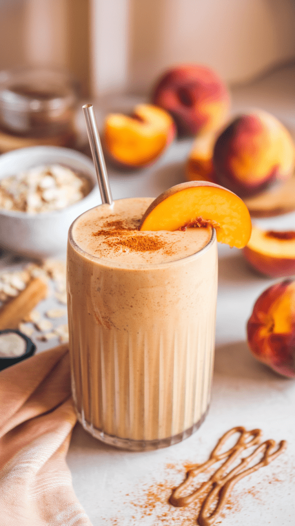 A creamy peach cobbler protein shake in a tall ribbed glass, garnished with a fresh peach slice and a dusting of cinnamon. A metal straw adds a modern touch, while the background features whole peaches, oats, and cinnamon sticks, emphasizing the shake’s wholesome ingredients. The warm tones and soft lighting create a cozy, inviting atmosphere.