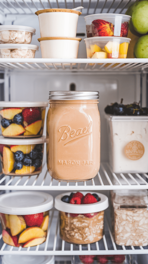 A neatly organized refrigerator shelf featuring a mason jar filled with a creamy peach cobbler protein shake at the center. Surrounding it are meal prep containers with fresh fruit, overnight oats, yogurt, and other nutritious ingredients. The clean and structured arrangement highlights a healthy, balanced approach to meal prepping.