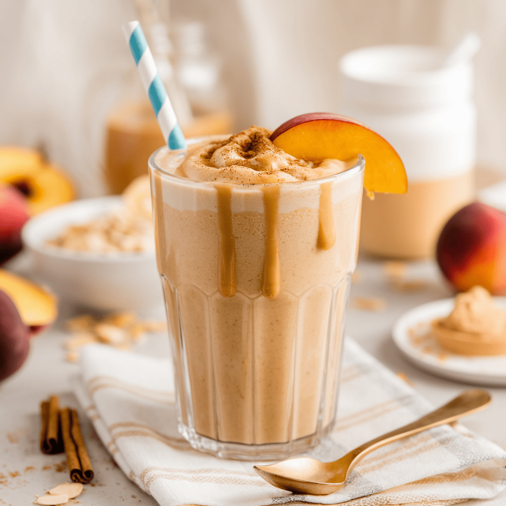 A creamy peach cobbler protein shake in a tall glass, drizzled with peanut butter and topped with whipped cream and a dusting of cinnamon. A fresh peach slice garnishes the rim, and a striped straw adds a playful touch. Surrounded by ingredients like oats, cinnamon sticks, and peanut butter, the setting evokes a cozy, indulgent, yet nutritious treat.