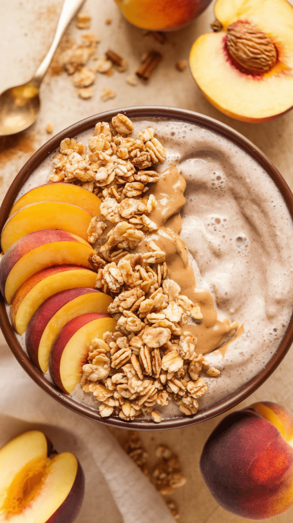 A creamy peach cobbler protein smoothie bowl topped with fresh peach slices, crunchy granola, and a drizzle of peanut butter. The thick, blended smoothie base has a rich texture, complementing the warm tones of the peaches and cinnamon scattered around. The cozy and wholesome presentation makes this bowl a delicious and nutritious breakfast option.