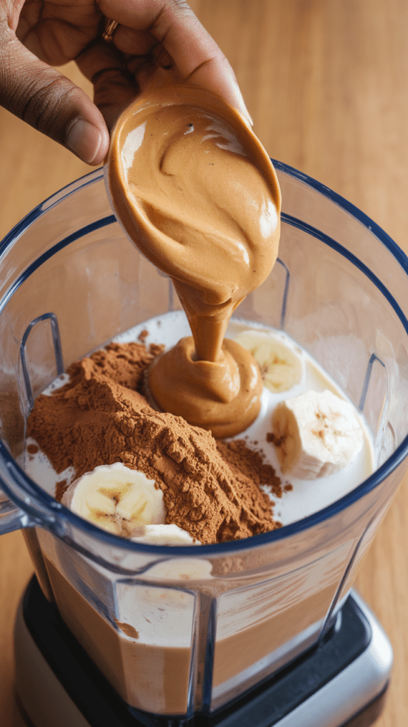 A close-up shot of a hand holding a spoonful of creamy peanut butter, pouring it into a blender filled with milk, cocoa powder, and sliced bananas. The ingredients are about to be blended into a rich and nutritious chocolate peanut butter smoothie. The scene is set on a wooden surface, emphasizing the homemade and wholesome feel of the recipe.