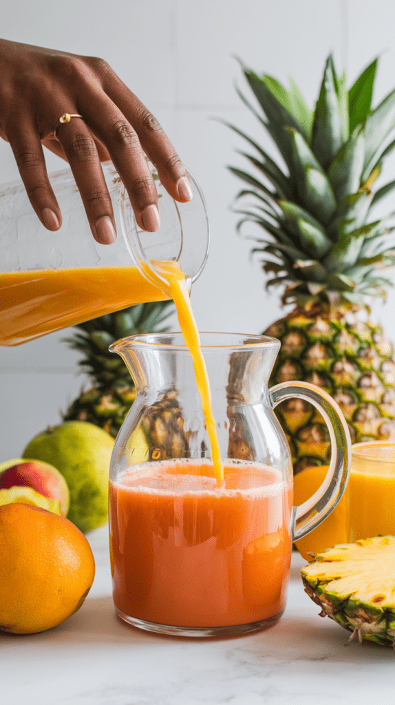 A close-up of a hand pouring vibrant orange tropical juice from a glass container into a clear glass pitcher. The pitcher is partially filled with a frothy, bright-colored fruit punch, surrounded by fresh tropical fruits, including pineapples, oranges, and pears. The scene is set against a neutral background, emphasizing the fresh, natural ingredients.