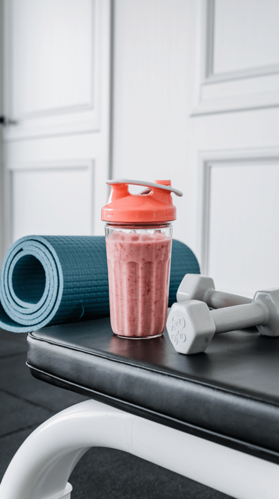 A strawberry banana protein shake in a glass shaker with an orange lid, sitting on a black workout bench. Next to it are a rolled-up blue yoga mat and a pair of gray dumbbells, creating a fitness-focused setting. The clean, minimalist background emphasizes a healthy and active lifestyle.