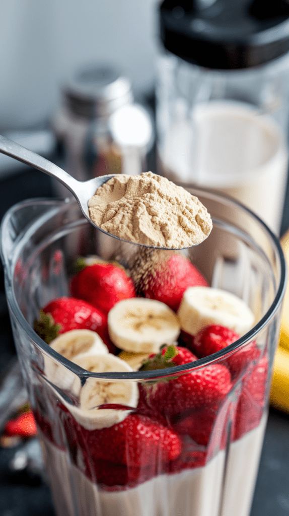 A close-up of a blender filled with fresh strawberries, banana slices, and milk, as a spoonful of protein powder is being added. The background features a protein shaker bottle and additional ingredients, emphasizing the smoothie’s nutritious and protein-packed composition. The rich colors and textures highlight the freshness and wholesome nature of this homemade shake.