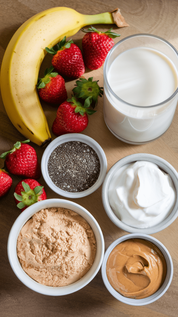 A flat-lay composition of fresh ingredients for a strawberry banana protein shake, including a ripe banana, fresh strawberries, a glass of milk, and small bowls filled with chia seeds, Greek yogurt, peanut butter, and protein powder. The natural lighting highlights the textures and colors of the ingredients on a wooden surface. This setup emphasizes a nutritious and protein-packed smoothie recipe.