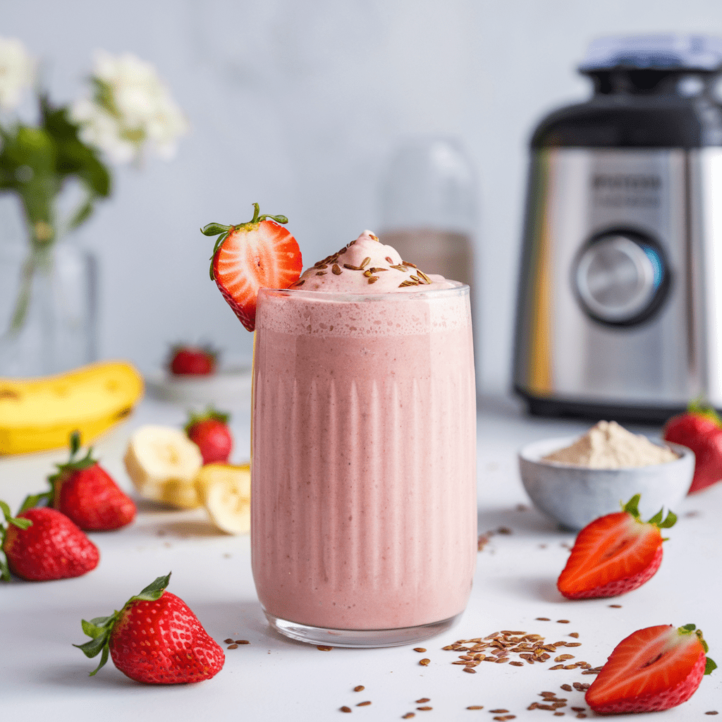 A creamy strawberry banana protein shake in a tall, ribbed glass, topped with flaxseeds and garnished with a fresh strawberry slice. The smoothie is surrounded by scattered strawberries, banana slices, and a small bowl of protein powder, with a blender in the background. The bright and fresh setting highlights the nutritious and delicious appeal of this protein-packed drink.