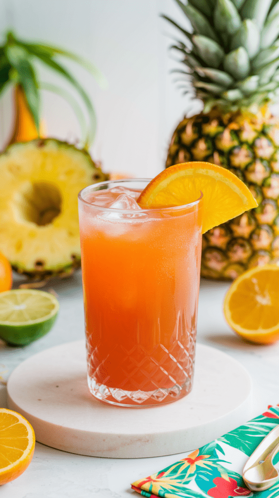 A refreshing tropical fruit punch mocktail served in a textured glass filled with ice, garnished with a fresh orange slice. The drink has a vibrant orange hue, with condensation forming on the glass. In the background, fresh tropical fruits like pineapple, lime, and oranges add to the tropical ambiance, while a colorful floral napkin and gold spoon rest nearby.