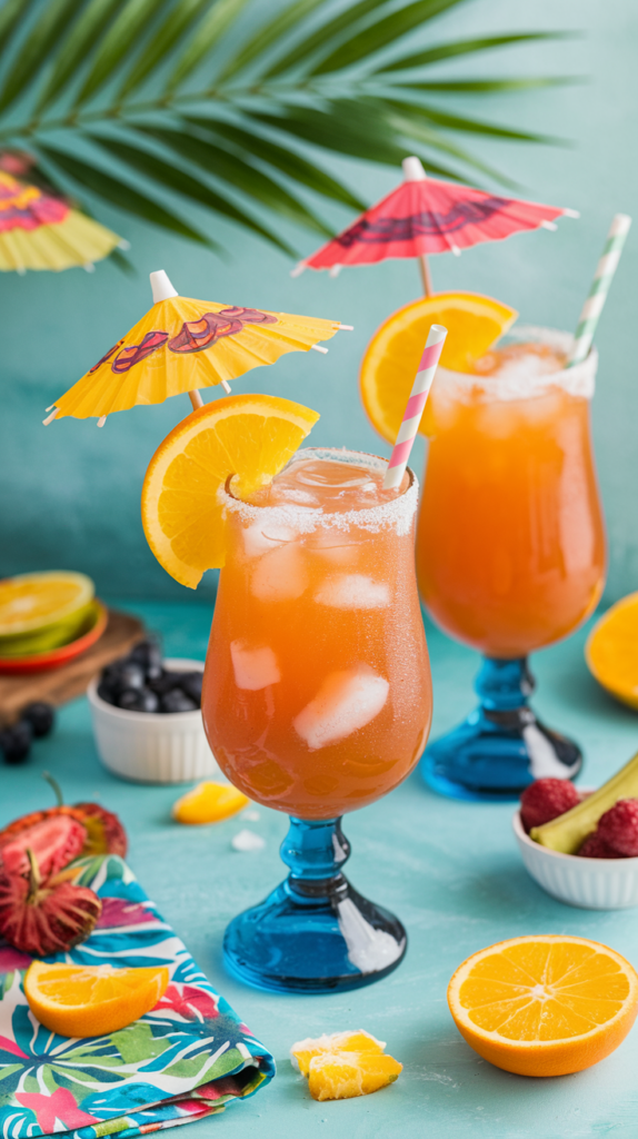 Two vibrant tropical fruit punch mocktails served in tall, blue-stemmed glasses with ice, sugared rims, and fresh orange slice garnishes. The drinks are decorated with colorful paper umbrellas and striped straws, creating a festive, beachy vibe. Surrounding the drinks are tropical fruits like oranges, raspberries, and blueberries, along with a bright floral napkin, set against a turquoise background with palm leaves in view.