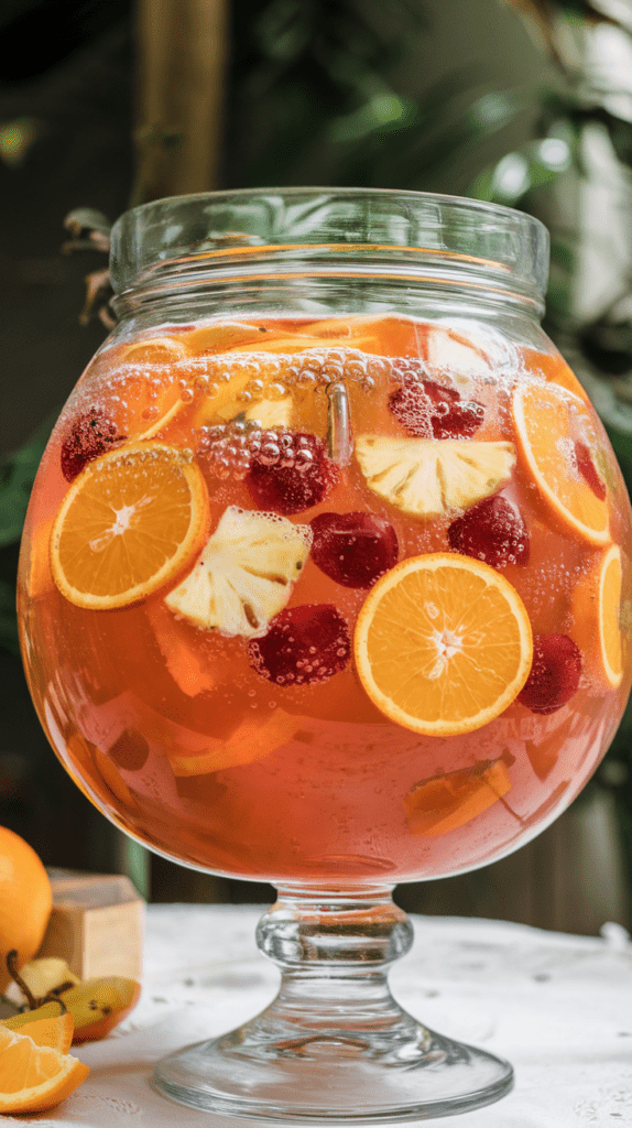 A large glass punch bowl filled with a bubbly tropical fruit punch, garnished with floating slices of oranges, pineapples, and whole raspberries. The vibrant orange-pink drink is effervescent, with bubbles forming around the fresh fruit. The scene is set on a white lace tablecloth, with additional fresh fruit scattered around, creating a festive and refreshing presentation.