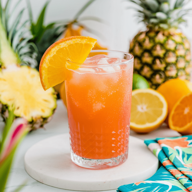 A vibrant tropical punch mocktail served in a textured glass filled with ice, garnished with a fresh orange slice. The drink has a bright orange-pink hue, with bubbles visible on the surface. In the background, fresh tropical fruits like pineapple, oranges, lemons, and limes add to the summery aesthetic, while a colorful floral napkin rests nearby.