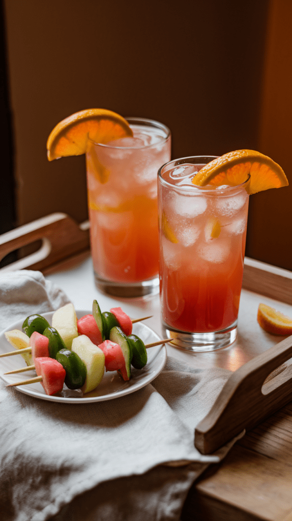 A cozy serving tray with two tall glasses of tropical punch mocktail, garnished with fresh orange slices and filled with ice. The drinks have a vibrant orange-pink hue, with bits of citrus floating inside. Beside them, a plate holds fruit skewers with watermelon, cucumber, and apple slices, adding a refreshing snack option. The warm lighting and wooden tray create a relaxed, inviting atmosphere.